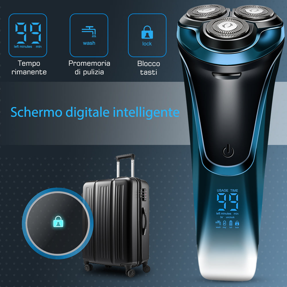 Rasoio Elettrico Qimmaol Pro per uomo: rasoio elettrico adatto per un utilizzo a secco e a umido, include custodia per il trasporto e 3 lame di ricambio.