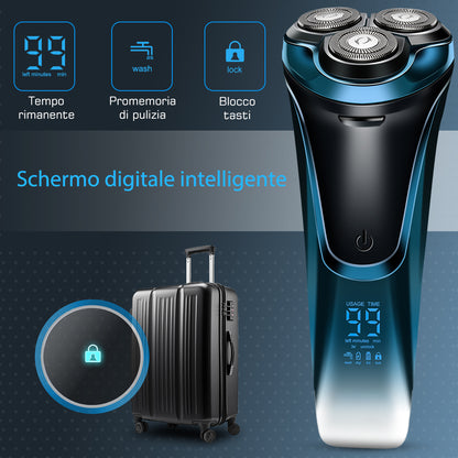 Rasoio Elettrico Qimmaol Pro per uomo: rasoio elettrico adatto per un utilizzo a secco e a umido, include custodia per il trasporto e 3 lame di ricambio.
