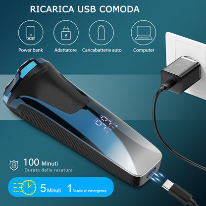 Rasoio Elettrico Qimmaol Pro per uomo: rasoio elettrico adatto per un utilizzo a secco e a umido, include custodia per il trasporto e 3 lame di ricambio.