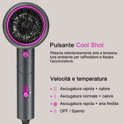 Qimmaol Velofold - Asciugacapelli Ionico Professionale con Concentratore, Diffusore e Pettine [Compatto / Leggero / Pieghevole / 350 g]