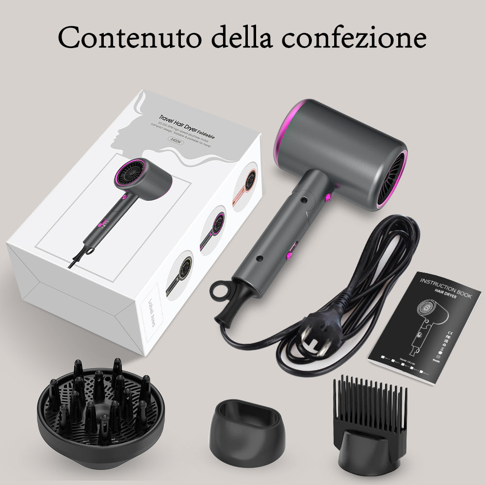 Qimmaol Velofold - Asciugacapelli Ionico Professionale con Concentratore, Diffusore e Pettine [Compatto / Leggero / Pieghevole / 350 g]