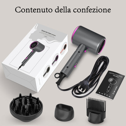 Qimmaol Velofold - Asciugacapelli Ionico Professionale con Concentratore, Diffusore e Pettine [Compatto / Leggero / Pieghevole / 350 g]