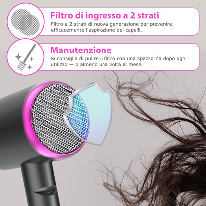 Qimmaol Velofold - Asciugacapelli Ionico Professionale con Concentratore, Diffusore e Pettine [Compatto / Leggero / Pieghevole / 350 g]