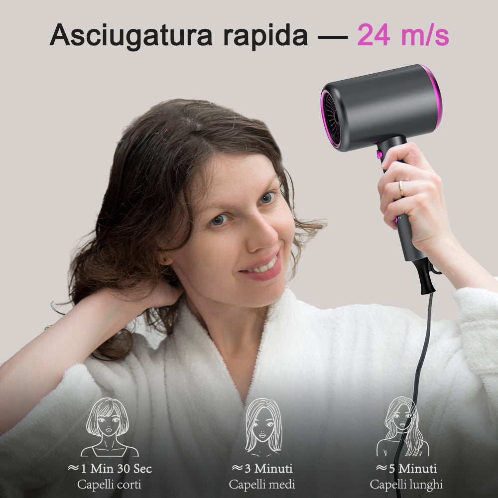 Qimmaol Velofold - Asciugacapelli Ionico Professionale con Concentratore, Diffusore e Pettine [Compatto / Leggero / Pieghevole / 350 g]