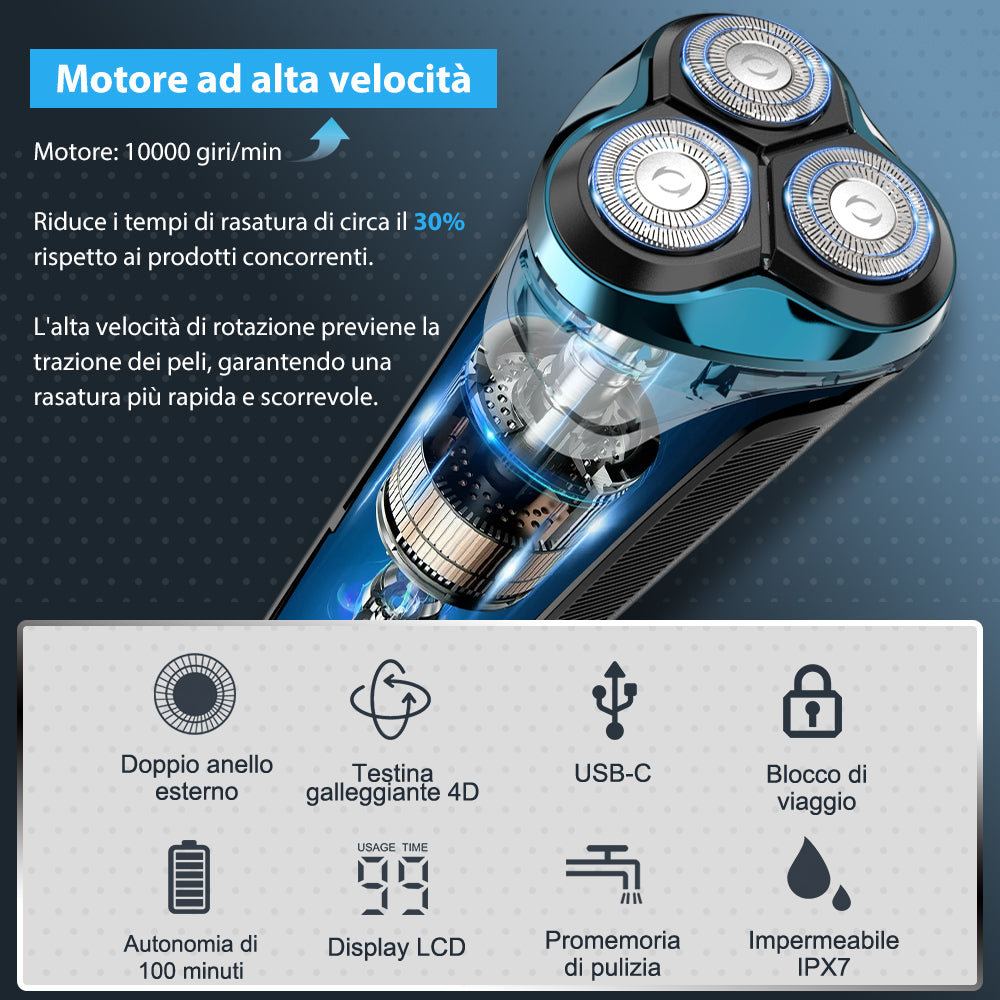 Rasoio Elettrico Qimmaol Pro per uomo: rasoio elettrico adatto per un utilizzo a secco e a umido, include custodia per il trasporto e 3 lame di ricambio.