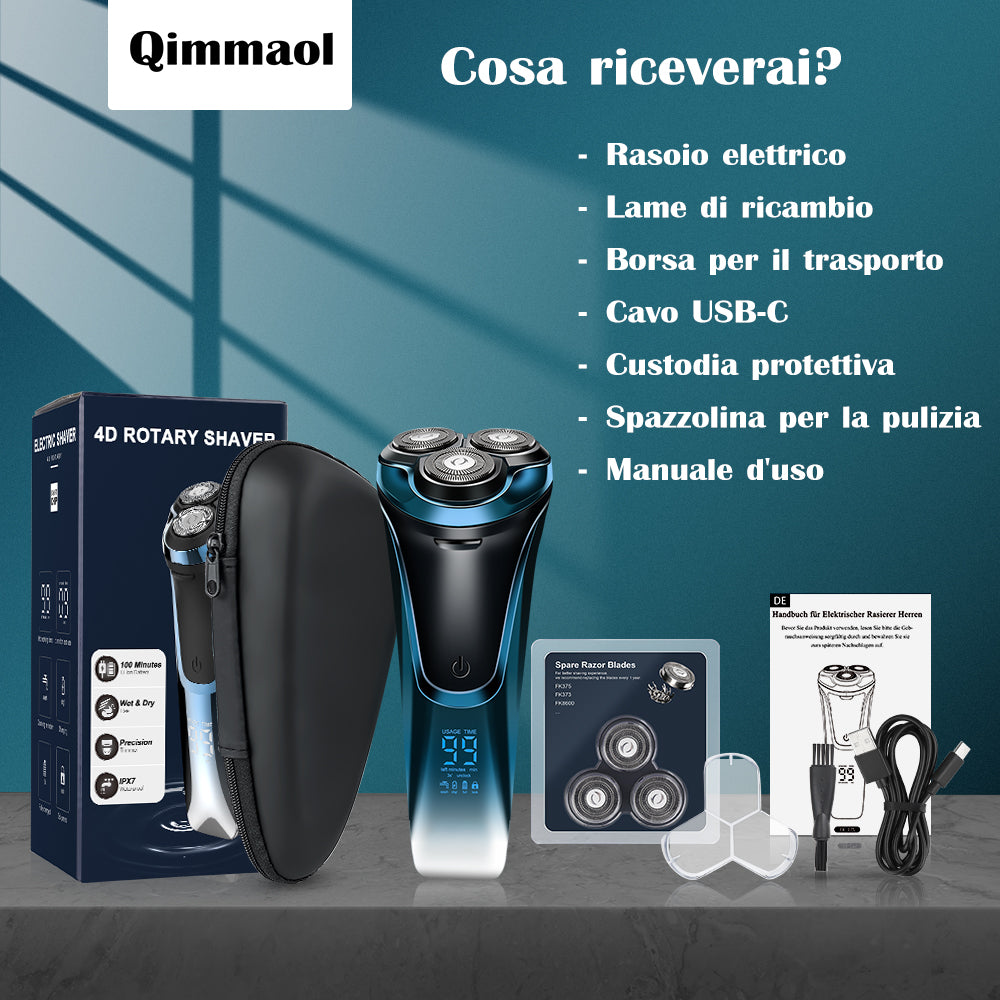 Rasoio Elettrico Qimmaol Pro per uomo: rasoio elettrico adatto per un utilizzo a secco e a umido, include custodia per il trasporto e 3 lame di ricambio.