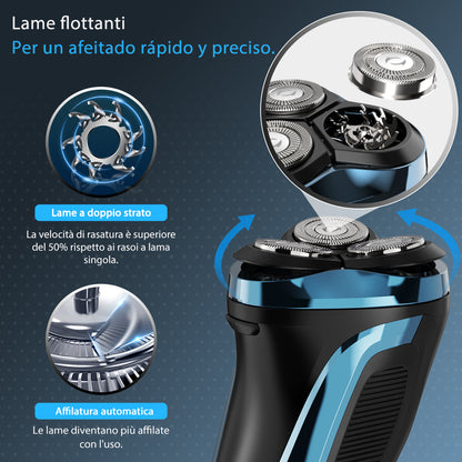 Rasoio Elettrico Qimmaol Pro per uomo: rasoio elettrico adatto per un utilizzo a secco e a umido, include custodia per il trasporto e 3 lame di ricambio.